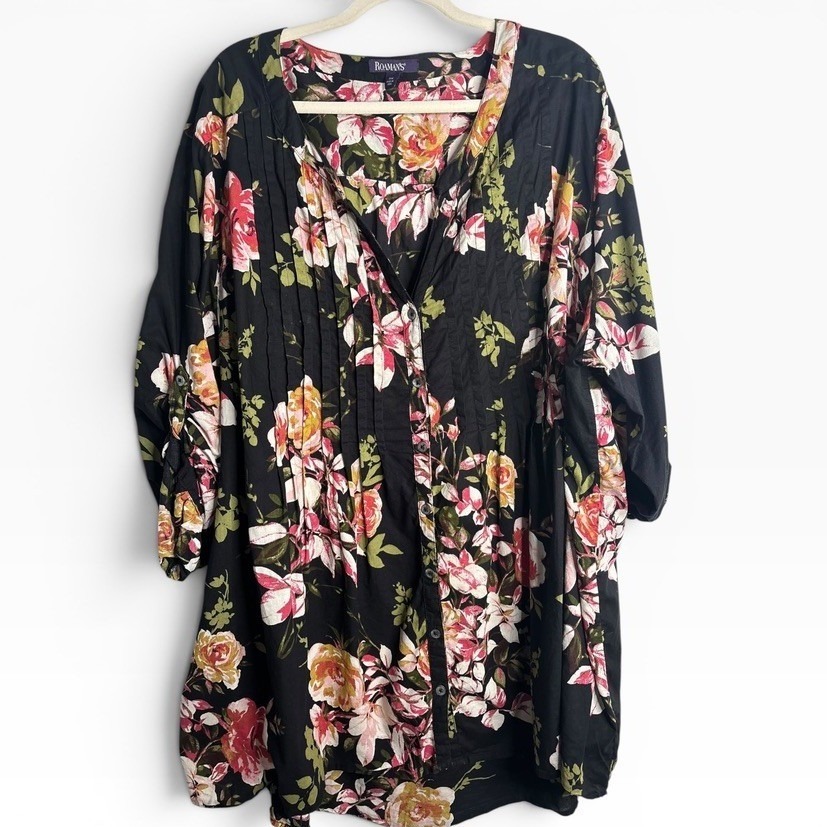 Roaman's Floral Pintuck Tunic Women 36w Black Pink Excellent Roll Tab Sleeve